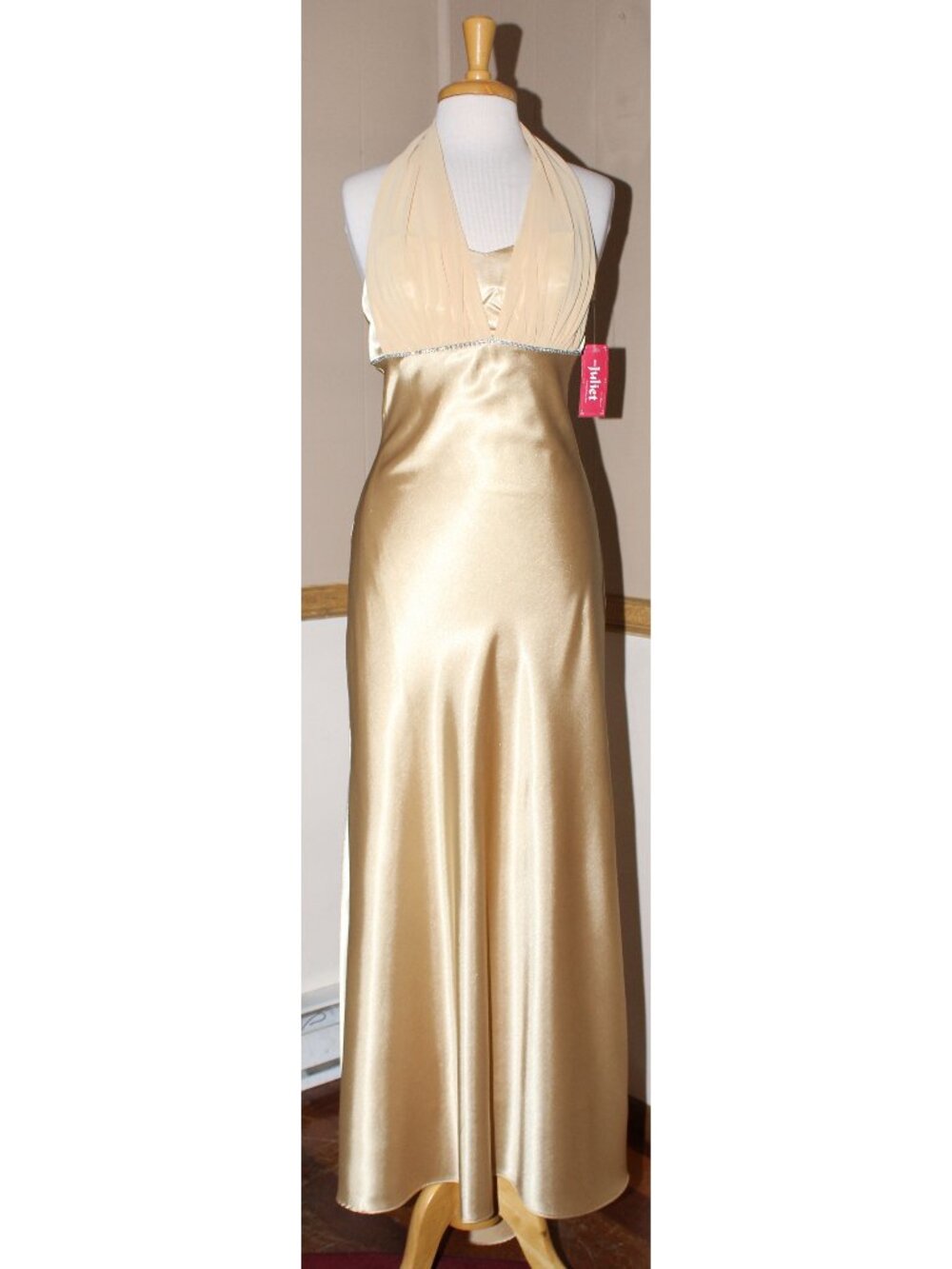 Juliet 2095 Satin and Chiffon Halter Style Evening Formal Gown-Size M-Gold-NWT